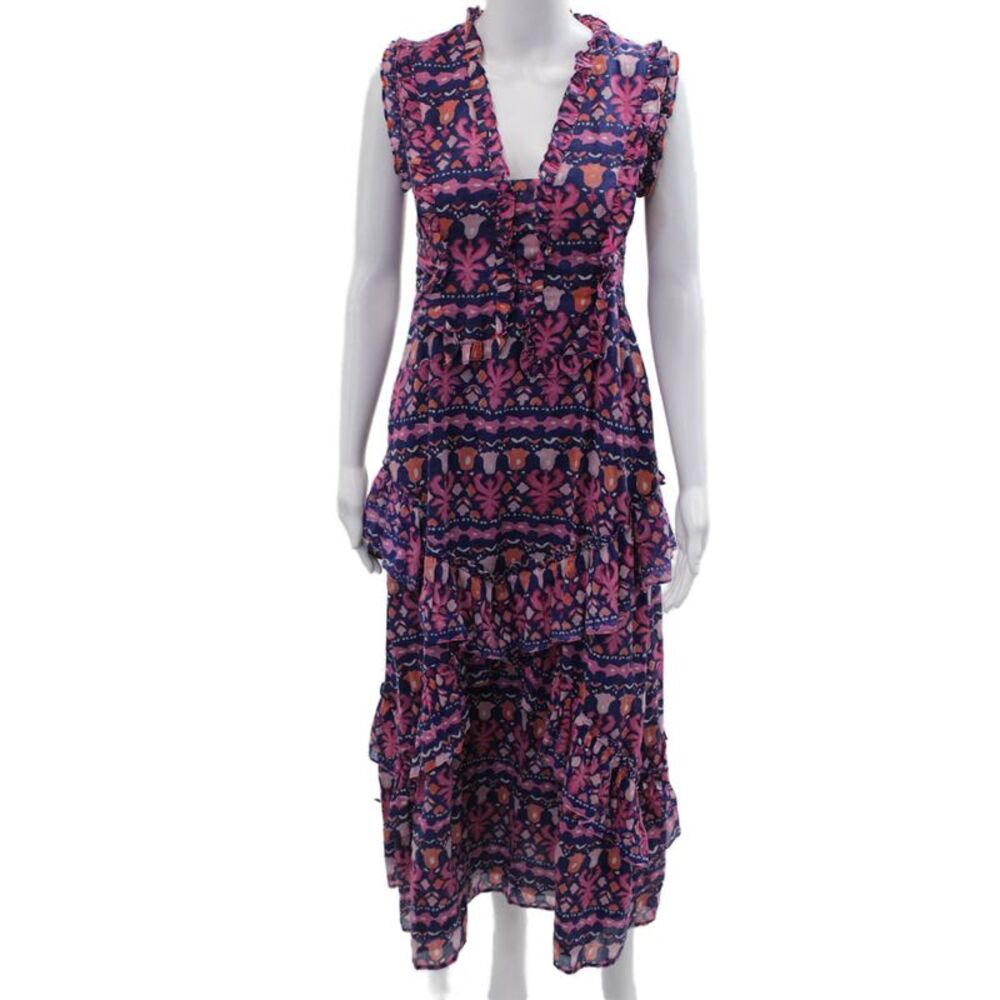 Banjanan Womens Dark Blue Floral Maxi Sundress V Neck Tie Size XS
